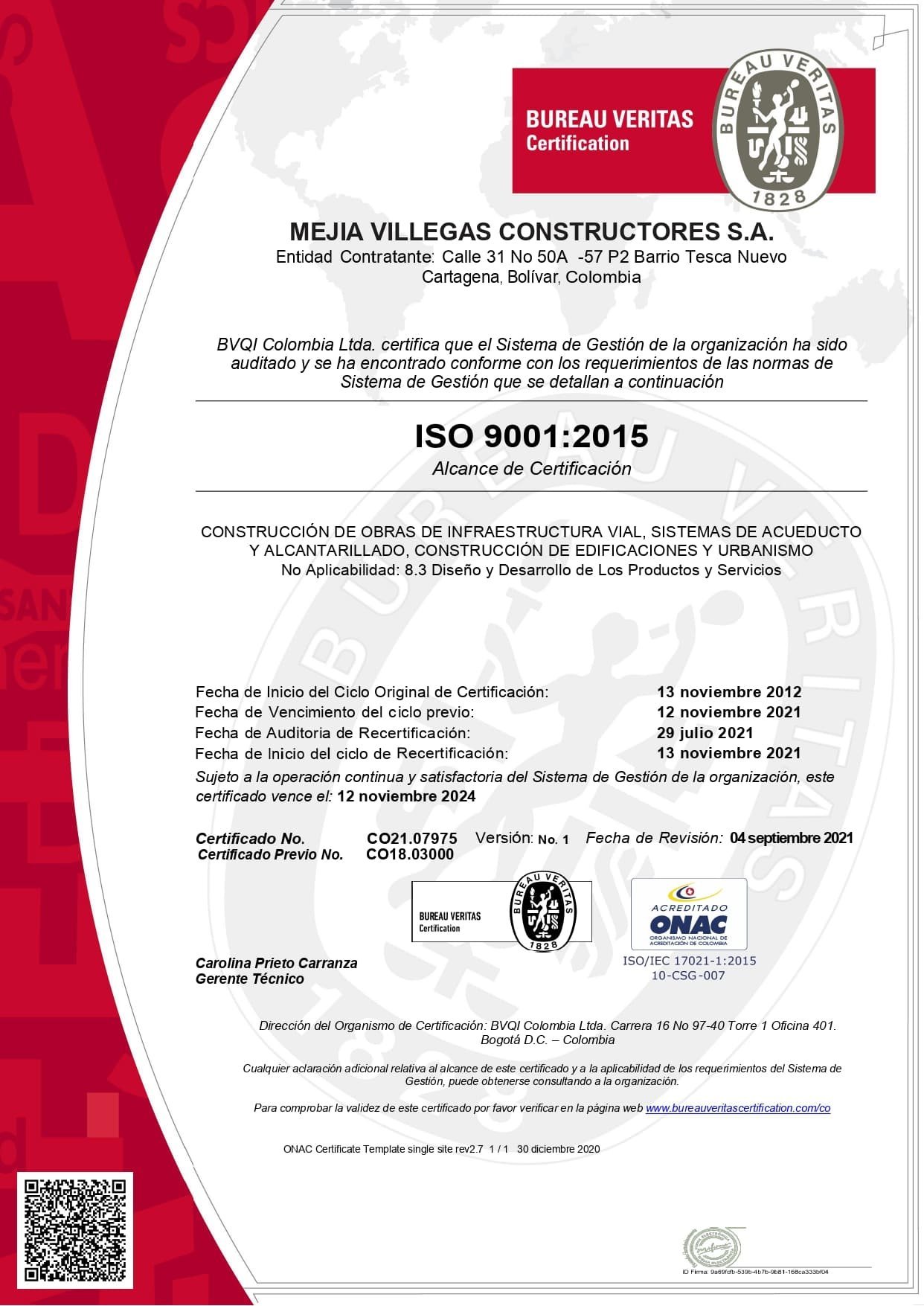 Certificado ISO 9001:2015 Bureau Veritas de Mejía Villegas Constructores