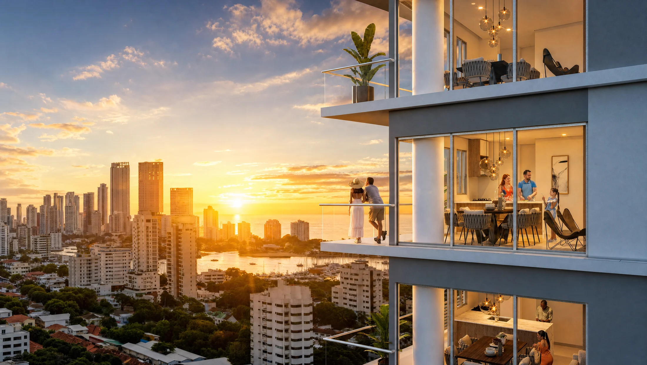 Apartamentos con balcones y vista a la ciudad al atardecer