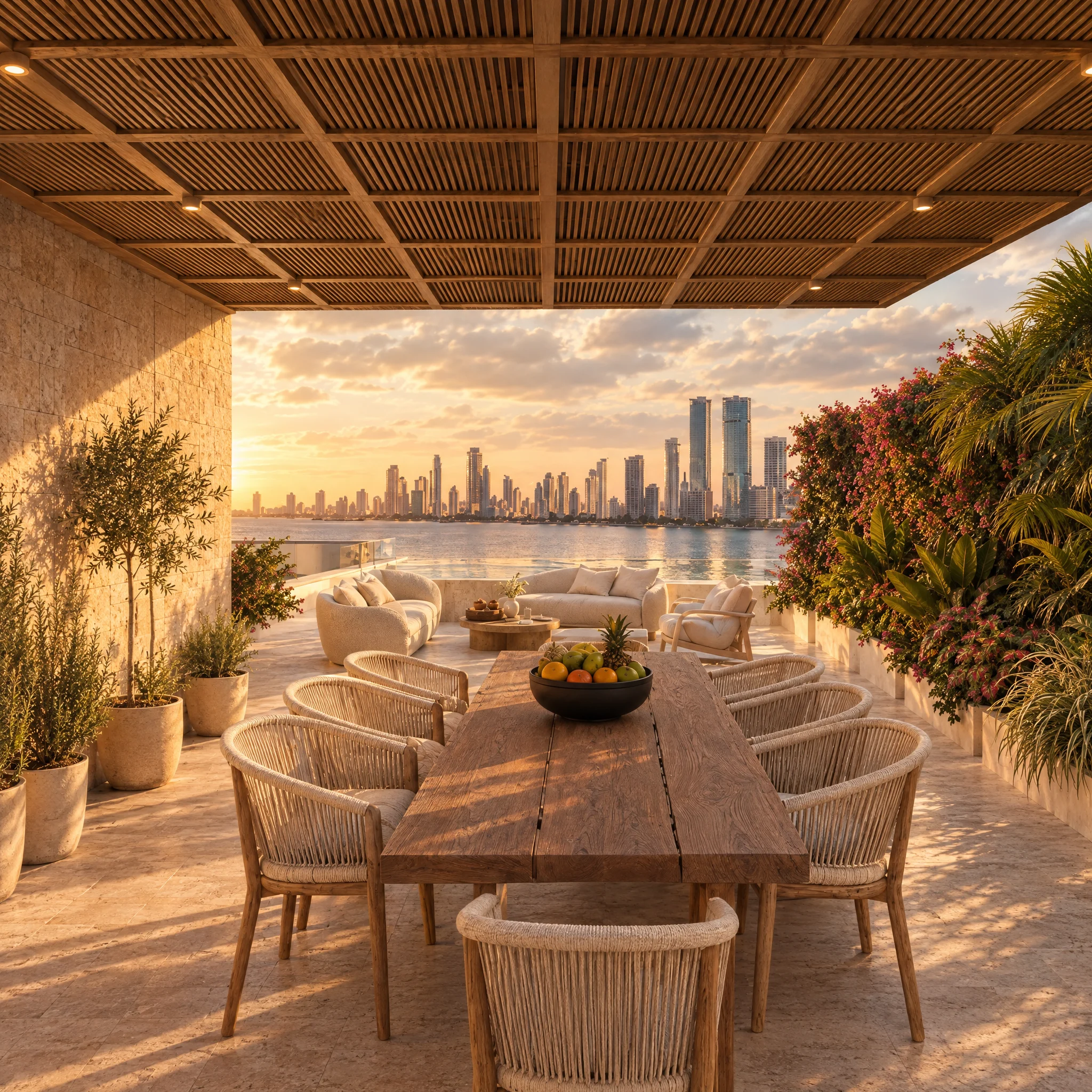Terraza residencial con comedor y vista panorámica