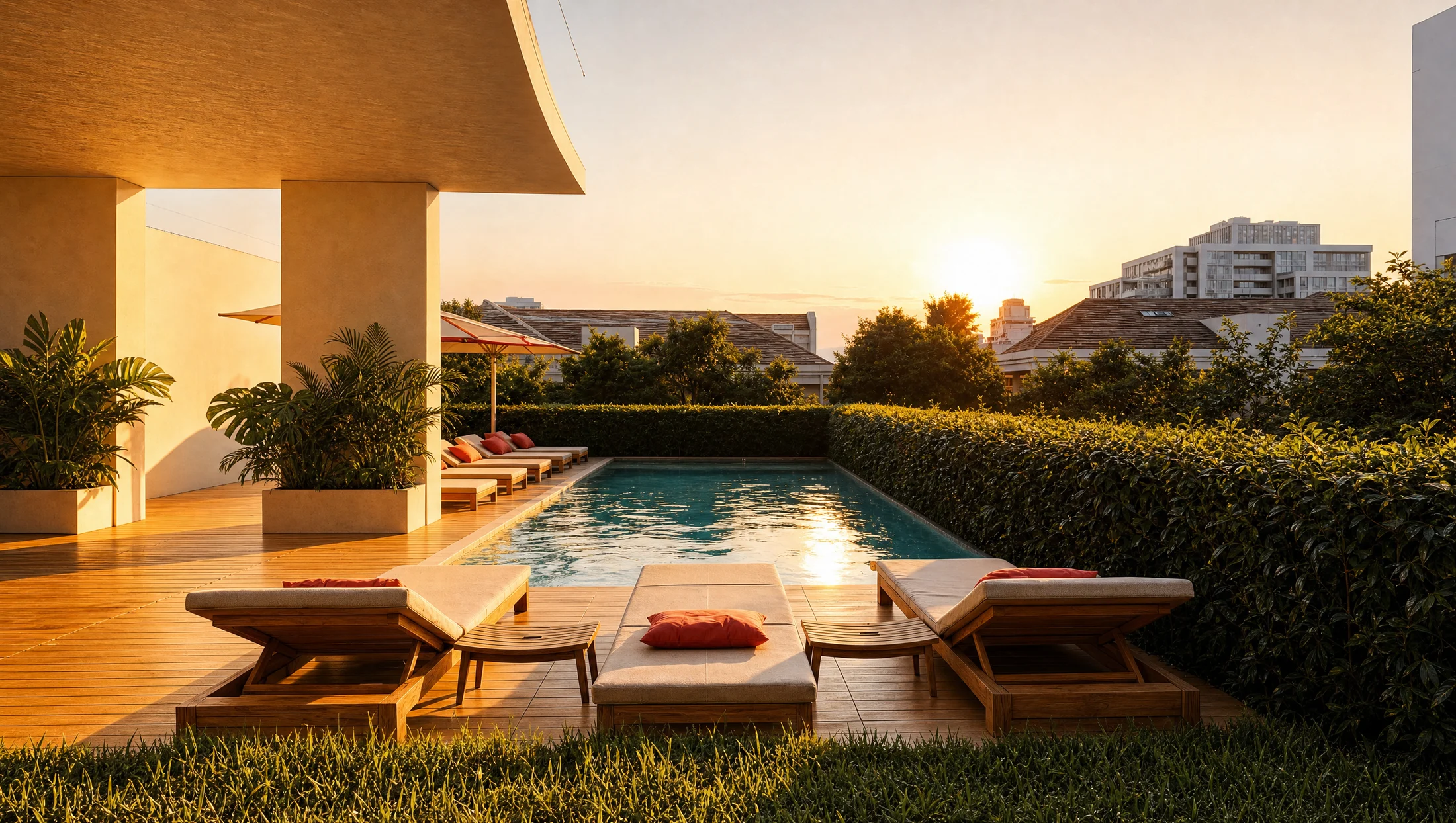 Piscina y zona de descanso residencial al atardecer