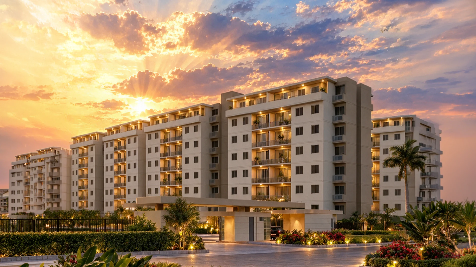 Conjunto de apartamentos rodeado de jardines al atardecer