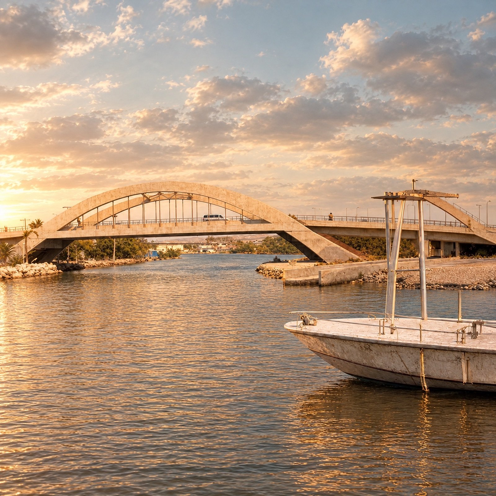 Puente sobre el río al atardecer